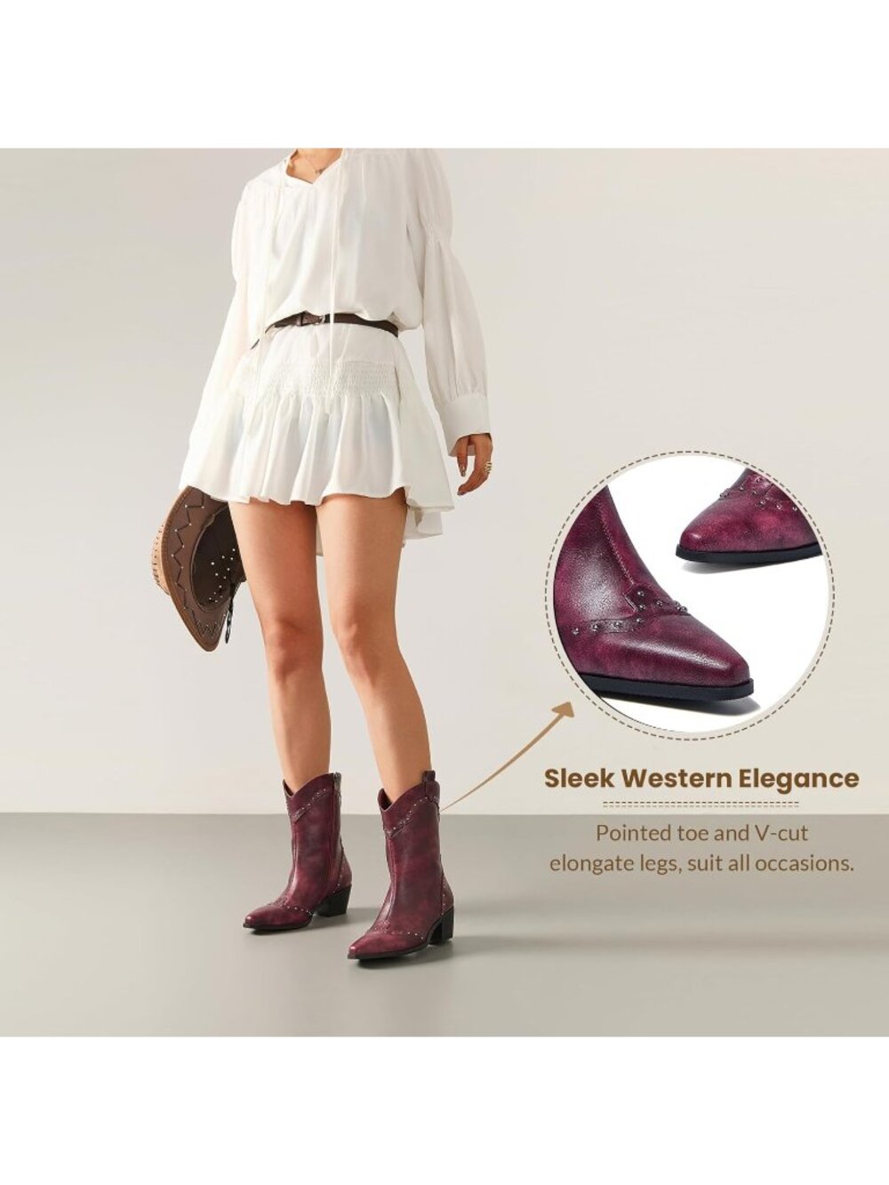Women's Claret Studded Western Ankle Boots Low Block Heel Cowboy Booties Zip - Picture 7 of 7
